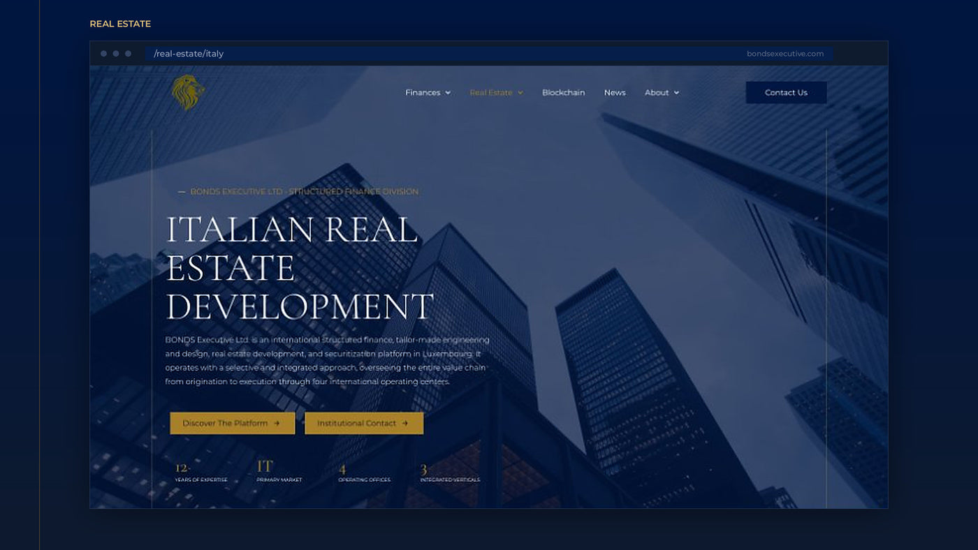 The Italian real-estate page — an institutional long-form experience assembled from repeatable service, process and location patterns.