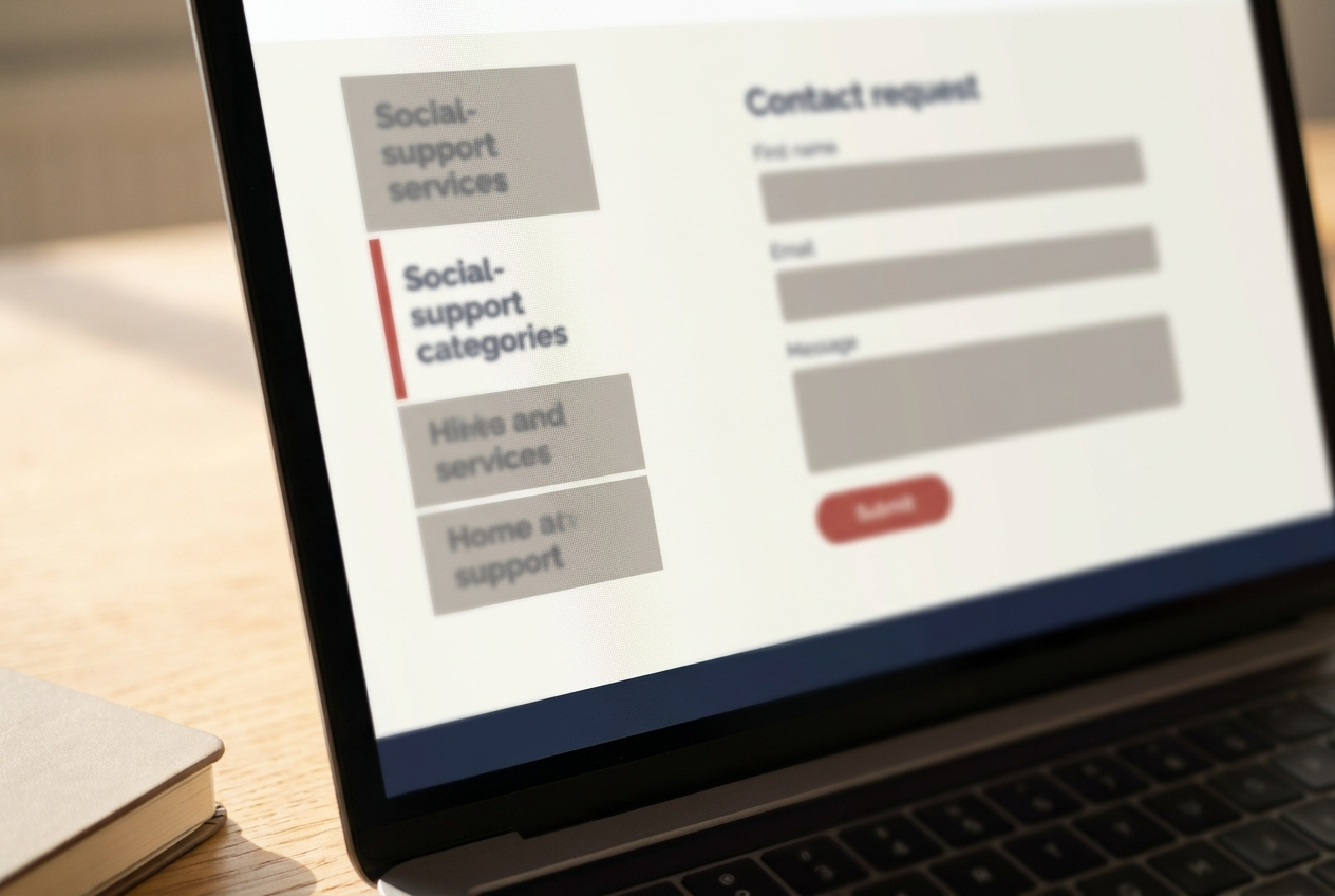 Conceptual project visual — service-led navigation with grouped categories and a short contact-request form.