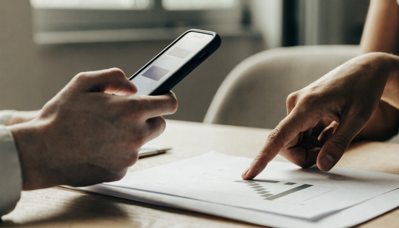 Two people at a table, one holding a phone showing a product page while the other points at a printed stepped funnel chart
