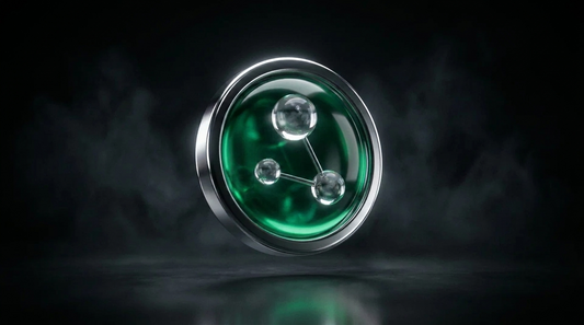 The CO2TKN emblem — chrome ring, emerald glass dome and the three-sphere open-chain molecule