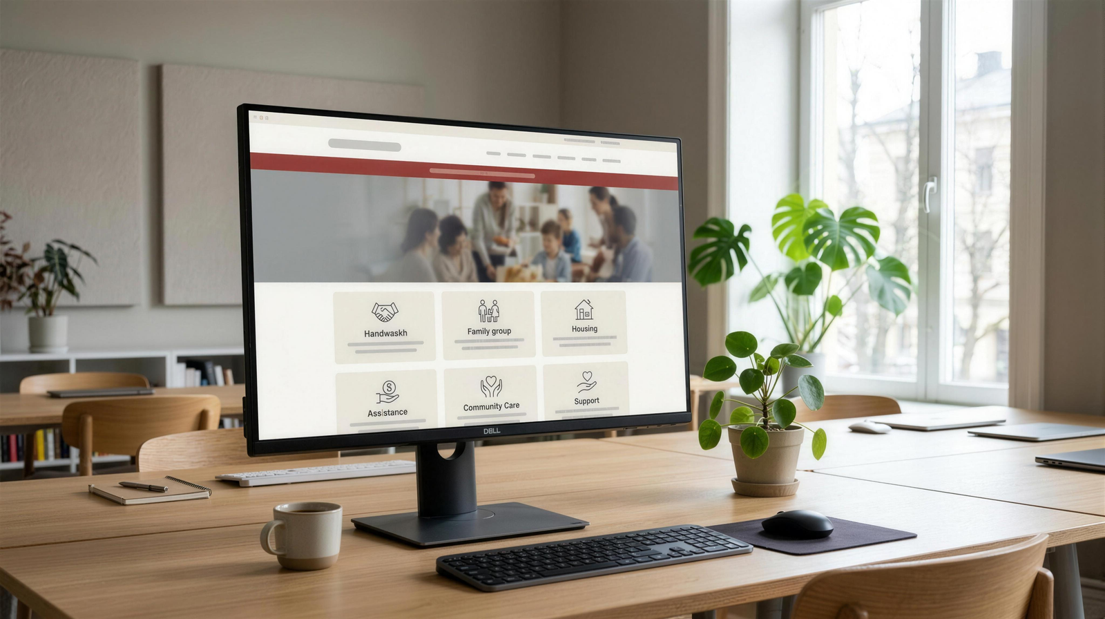 Conceptual project visual: a desktop screen showing a calm social-services website with clearly grouped service categories