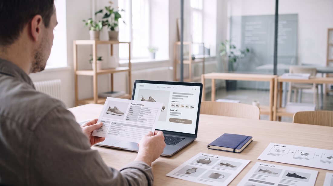 A person at a light wooden table compares an online shop product page on a laptop with a printed product data sheet.