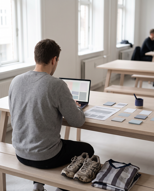 Person am hellen Holztisch in einem Designstudio, daneben Laufschuhe und ein gefaltetes Trikot; Laptop mit abstrakten Flächen und Wireframe-Ausdrucke eines Online-Shops.