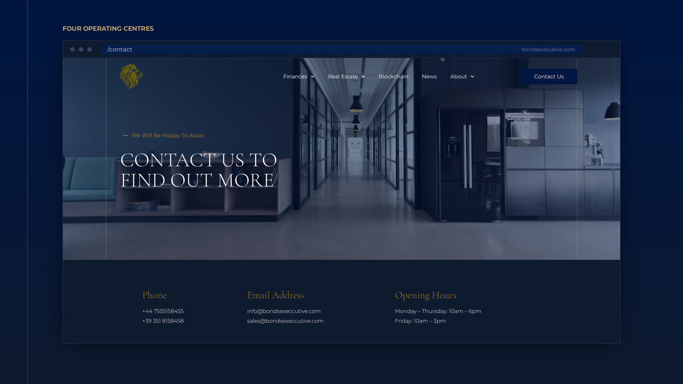 Website — London, Lugano, Milan and Rome presented as one operating model, with a single enquiry path.