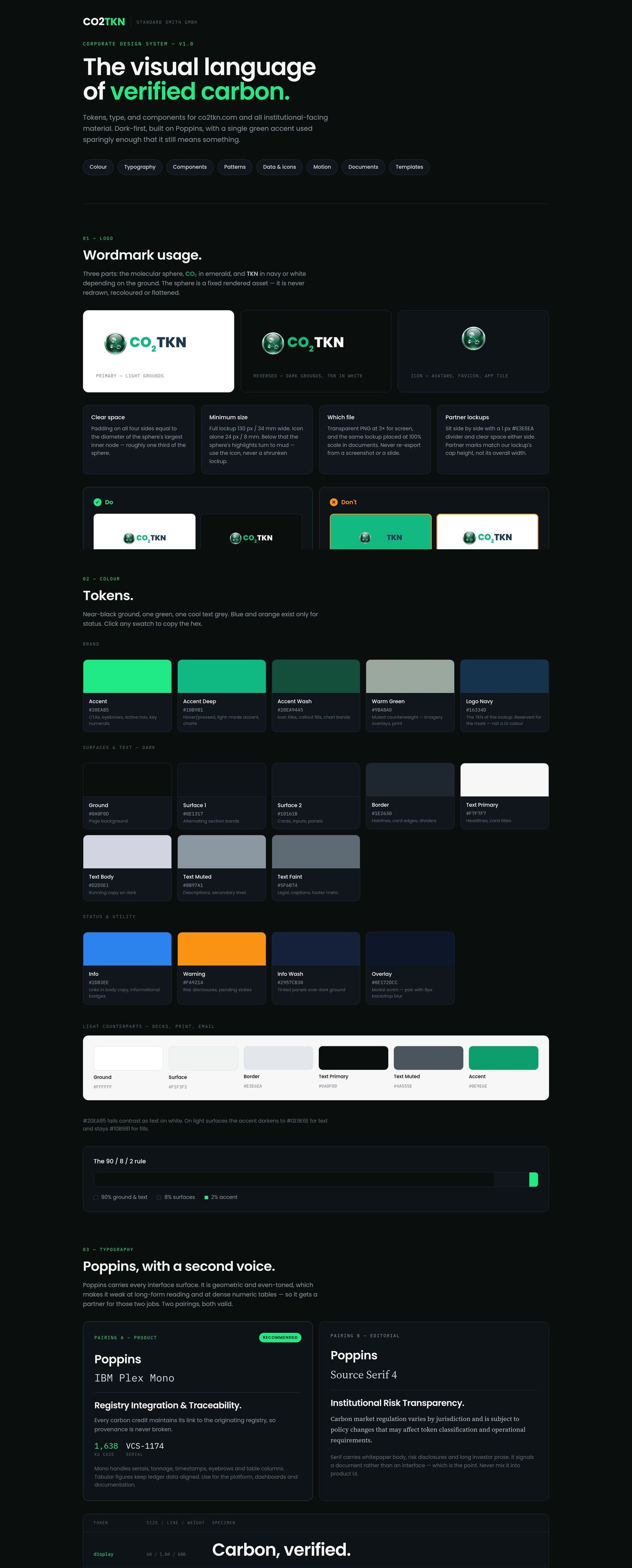 The corporate design system: wordmark rules, the near-black and emerald token set under the 90/8/2 rule, and the two type pairings that separate interface from ledger and long-form document.