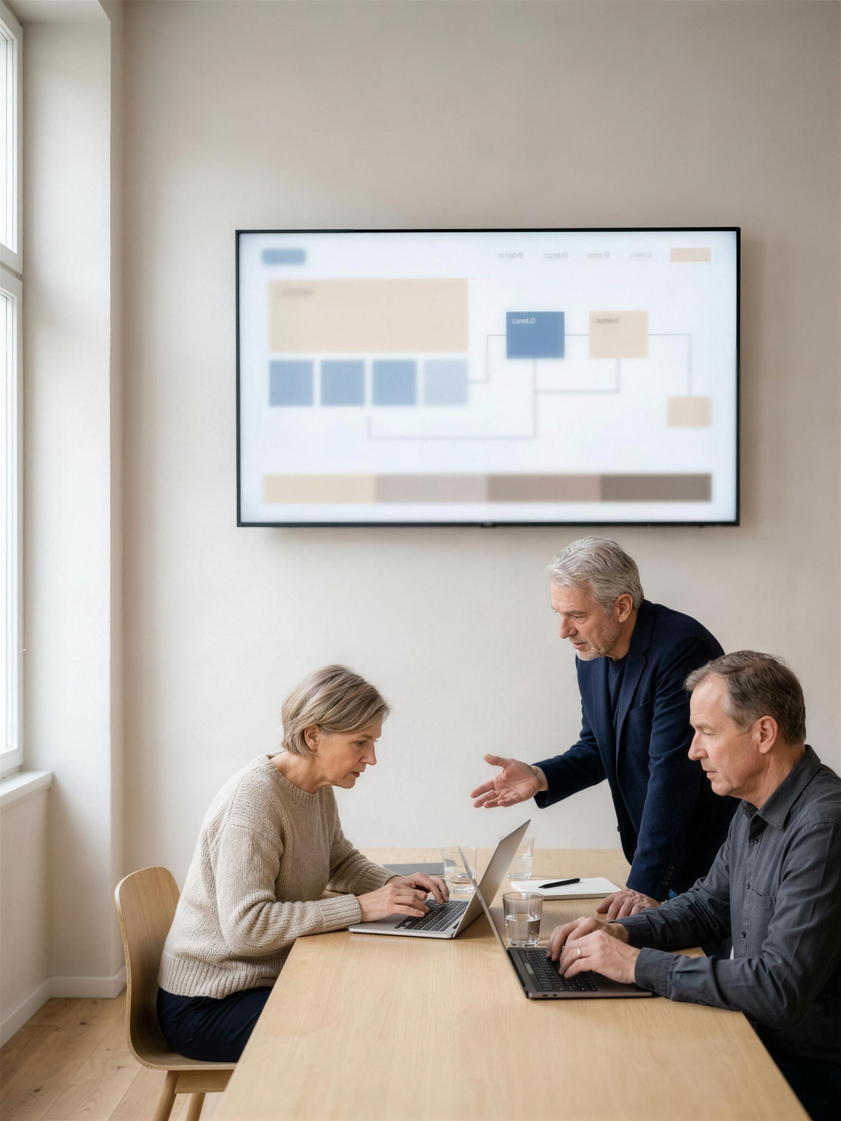 A small senior team in a modern studio during a digital operating session, working at laptops beneath a large screen showing an abstract product roadmap