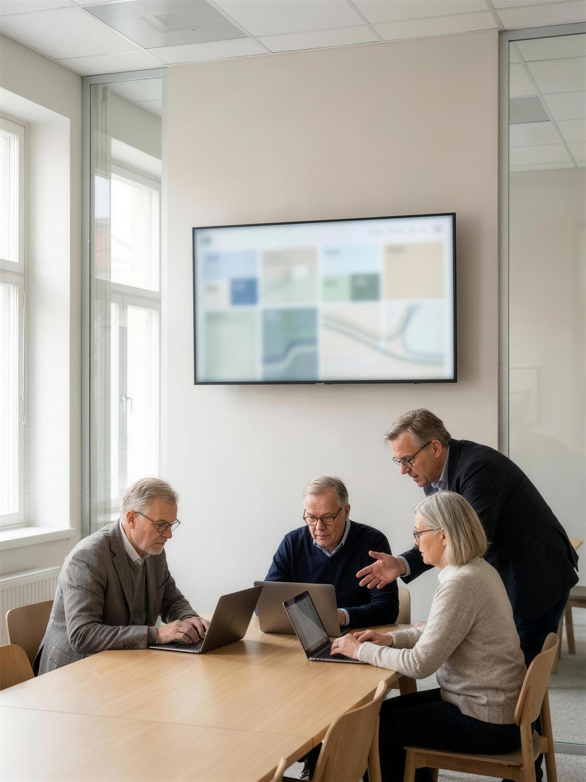 Three senior colleagues working through a digital decision in a daylit European workspace: two at open laptops, one standing and gesturing toward a wall screen showing an abstract website layout