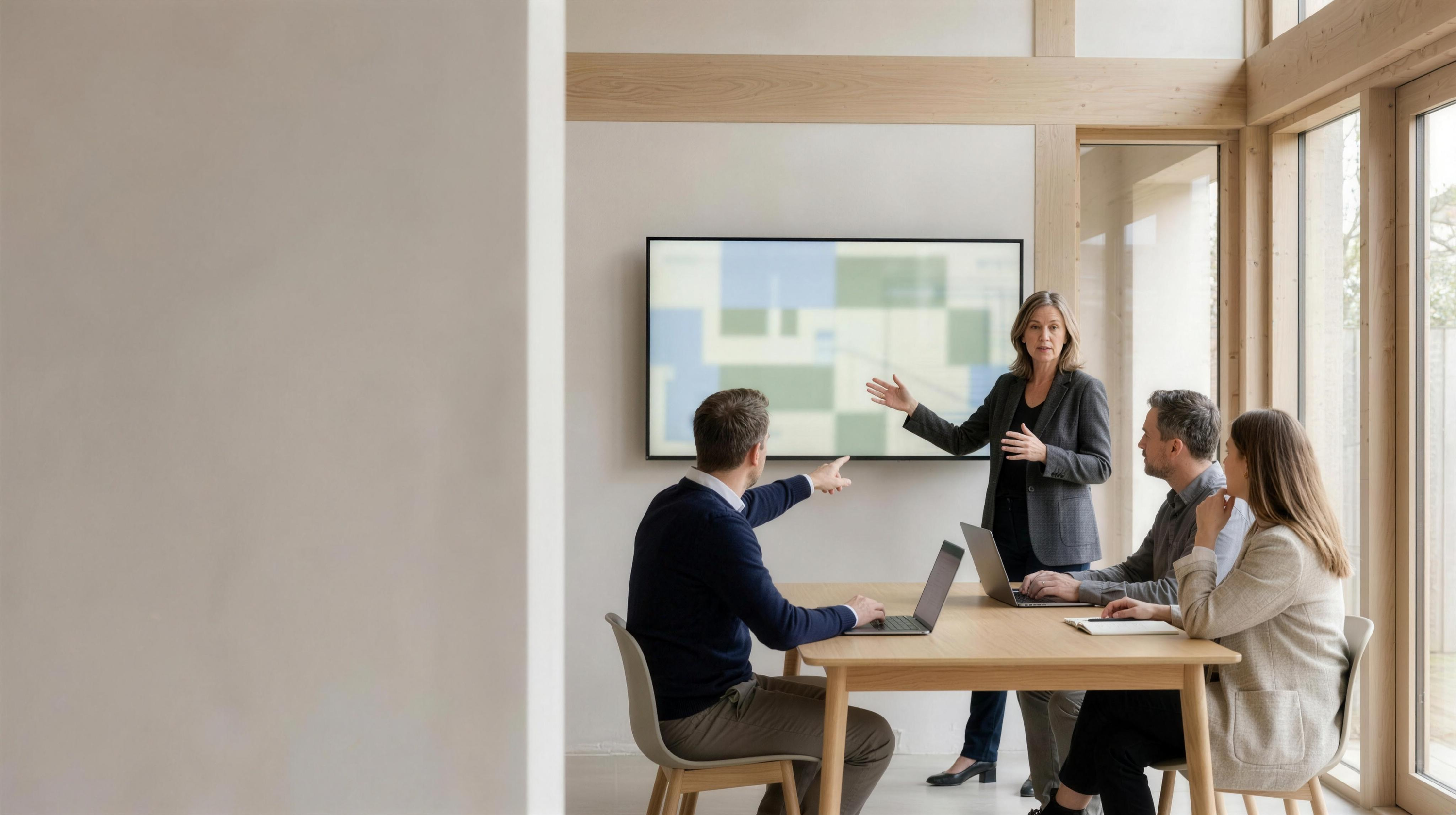 A senior digital strategy session: a woman standing beside a large screen leading the discussion while three colleagues work at laptops around a light oak table in a daylit studio