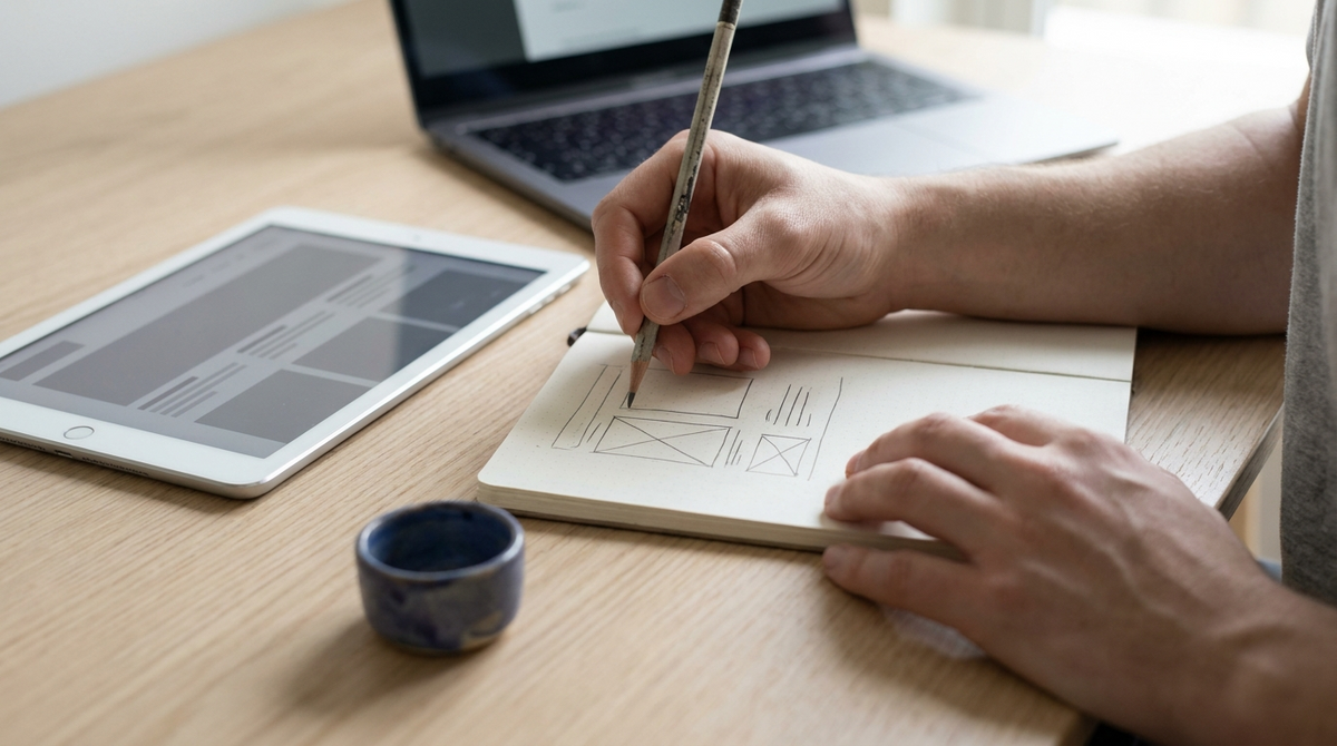 Hands sketching an interface wireframe on paper beside a tablet showing a matching block layout